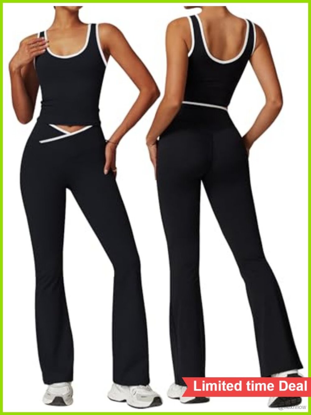 2 Pc Workout Set Flare Leggings Contrast Trim Tank 80% Polyester 20% Elastane
